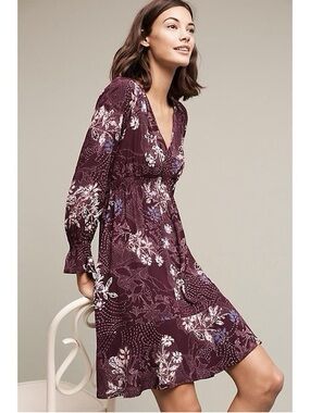 Anthropologie Maeve Plum Floral Long Sleeve Dress